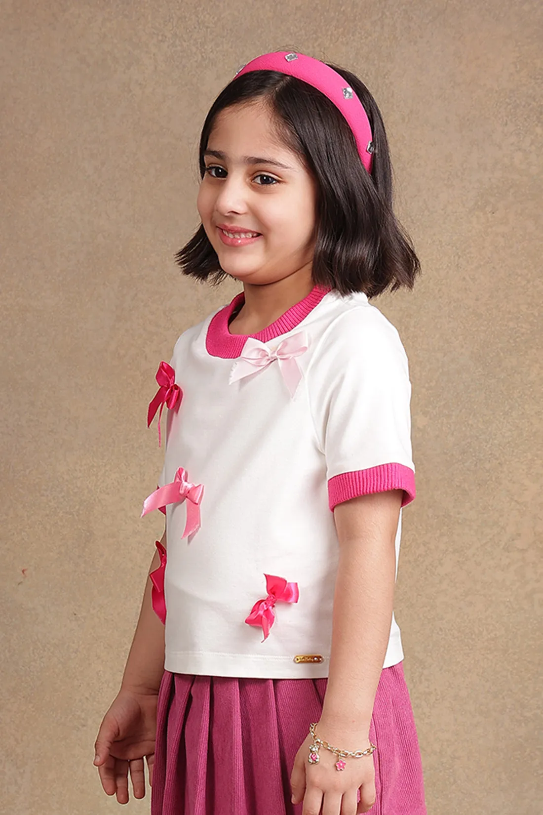 One Friday Kids Girls Pink bow White Top