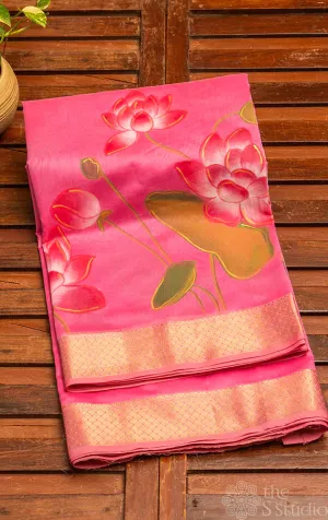 Pink maheshwari silk cotton saree with handpainted floral design