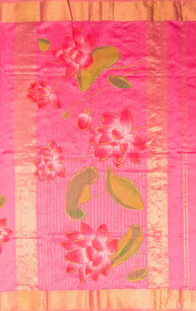 Pink maheshwari silk cotton saree with handpainted floral design