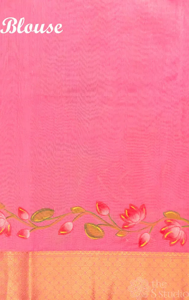 Pink maheshwari silk cotton saree with handpainted floral design