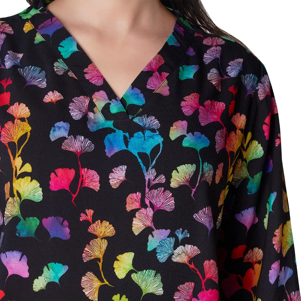 Rainbow Ginkgo Leaves V-Neck Tunic Top