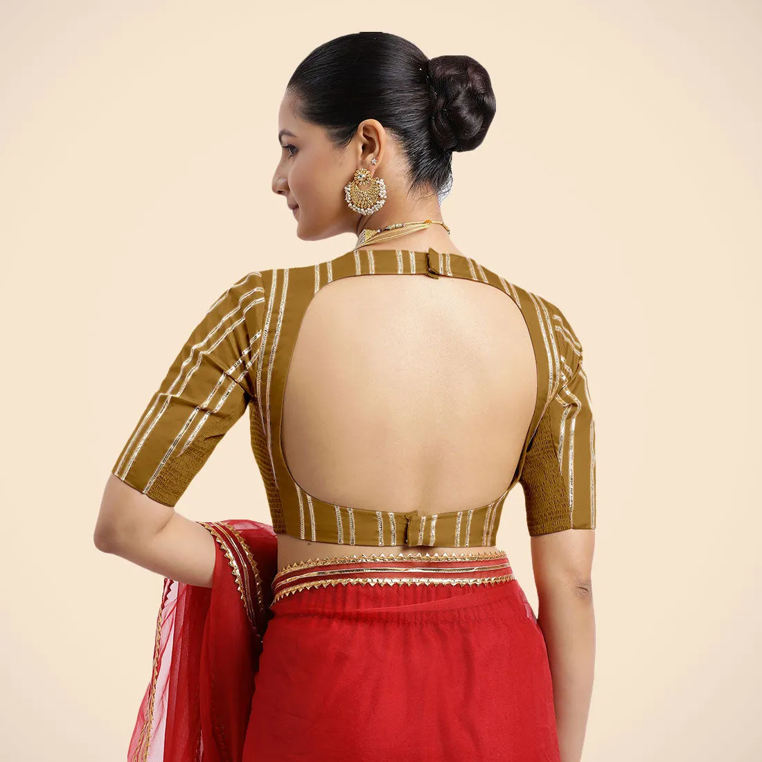 Shaheen x Tyohaar | Bronze Gold Elbow Sleeves FlexiFit™ Saree Blouse with Zero Neck with Back Cut-Out and Golden Gota Embellishment