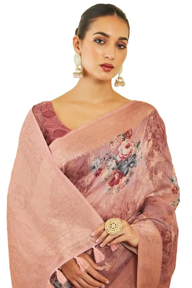 Soch Womens Onion Pink Tussar Silk Saree With Floral Print And Zari Woven Designs