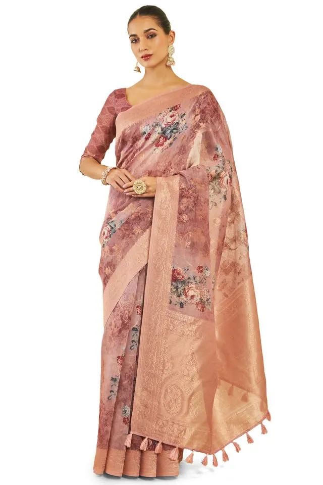 Soch Womens Onion Pink Tussar Silk Saree With Floral Print And Zari Woven Designs