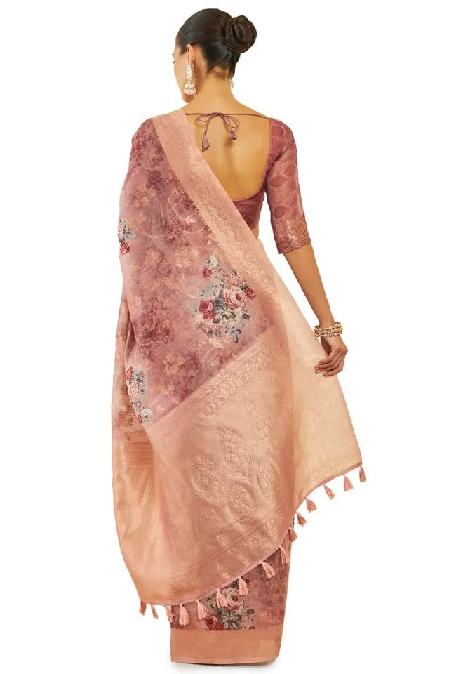 Soch Womens Onion Pink Tussar Silk Saree With Floral Print And Zari Woven Designs