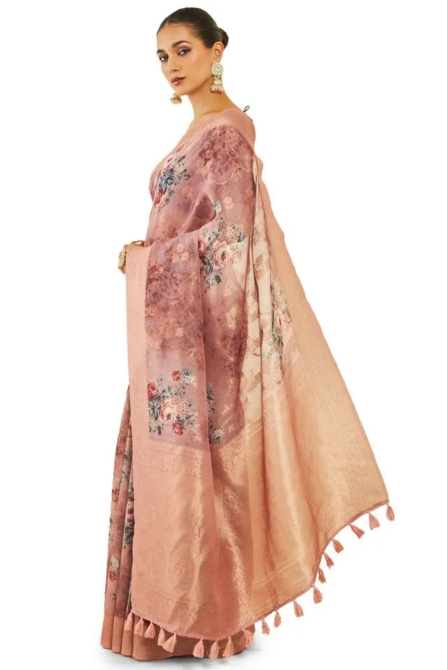 Soch Womens Onion Pink Tussar Silk Saree With Floral Print And Zari Woven Designs