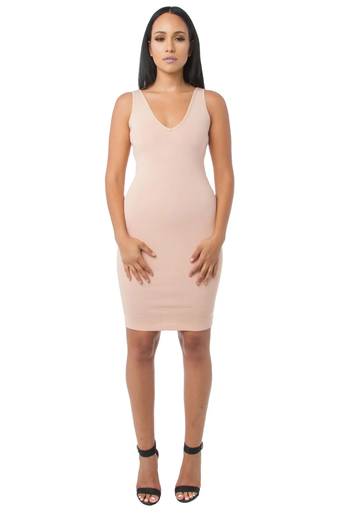 THE MYSTYLEMODE BLUSH LIGHTWEIGHT BANDAGE V NECK MIDI DRESS