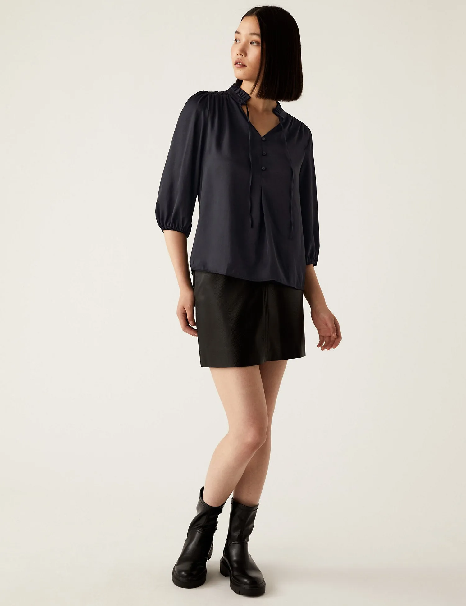 Tie Neck Frill Detail 3/4 Sleeve Blouse