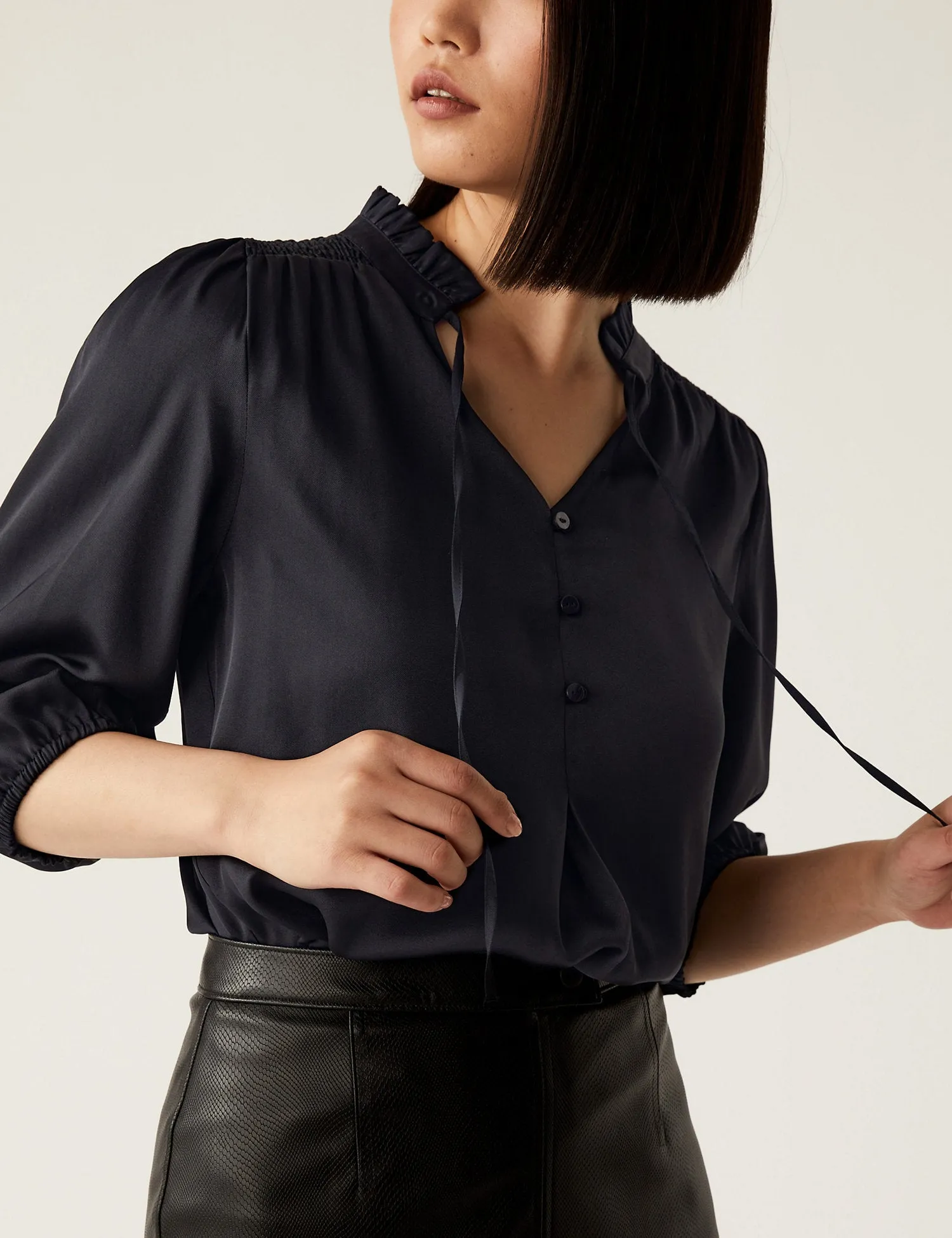 Tie Neck Frill Detail 3/4 Sleeve Blouse