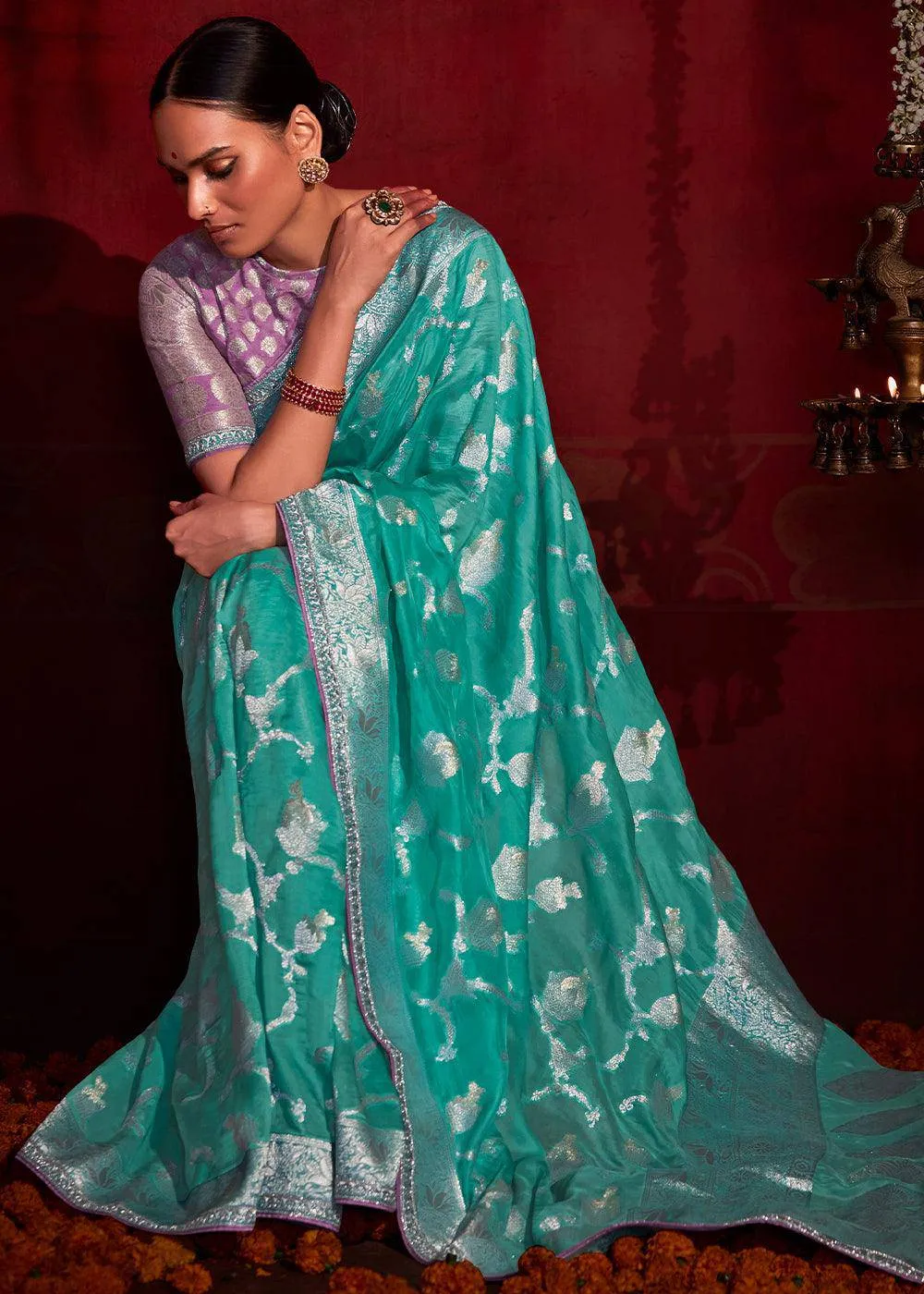 Turquoise Blue Zari Silk Saree with Blouse