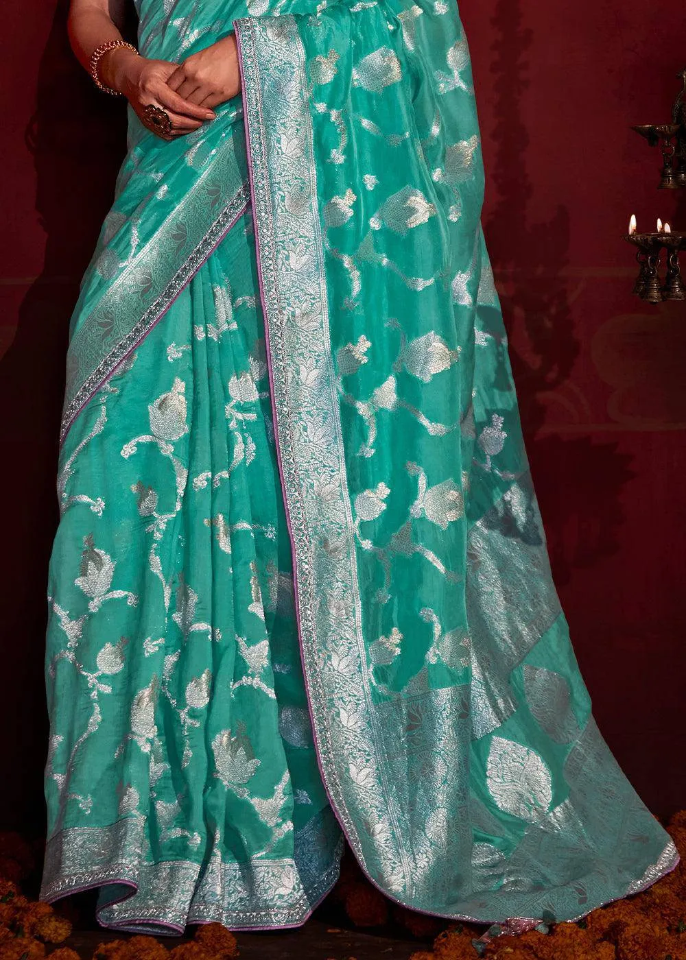 Turquoise Blue Zari Silk Saree with Blouse