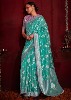 Turquoise Blue Zari Silk Saree with Blouse