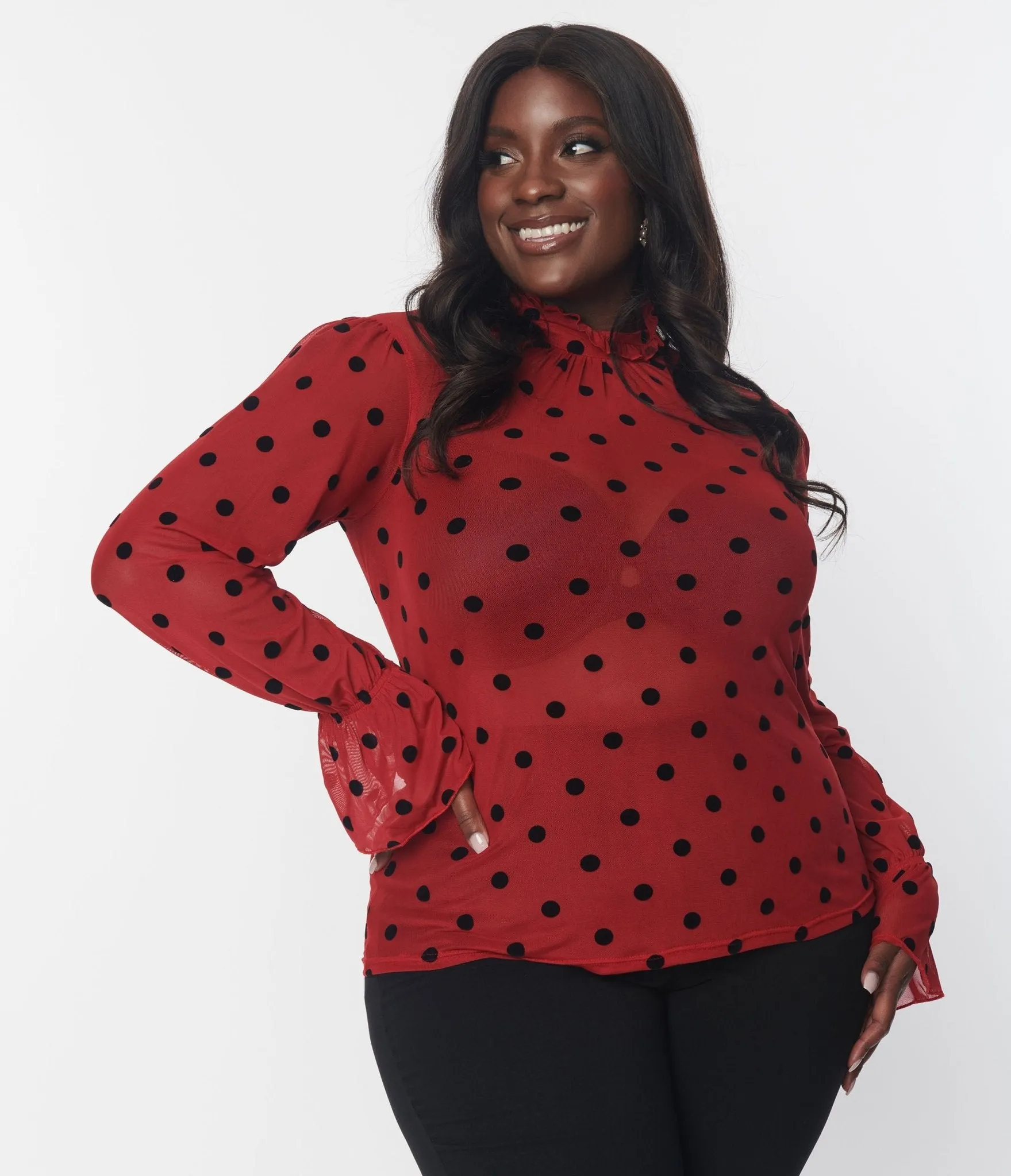 Unique Vintage Burgundy & Black Polka Dot Donna Blouse