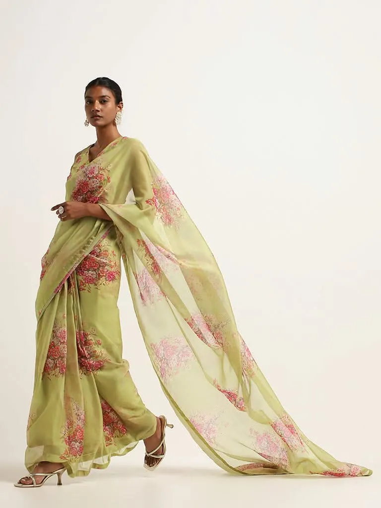 Vark Green Floral Printed Saree with Blouse