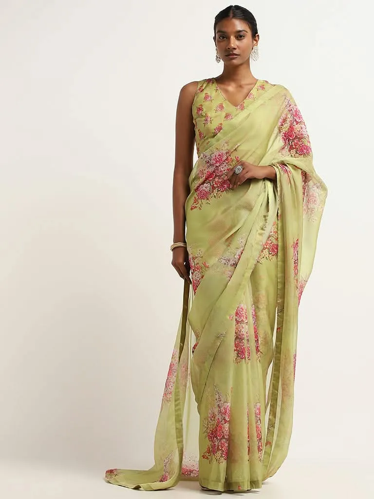 Vark Green Floral Printed Saree with Blouse