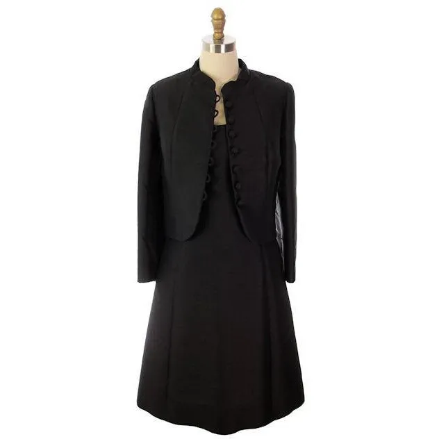 Vintage Black Silk Cocktail Dress & Coat Saks Fifth Ave 1965 Custom Made 35-30-38